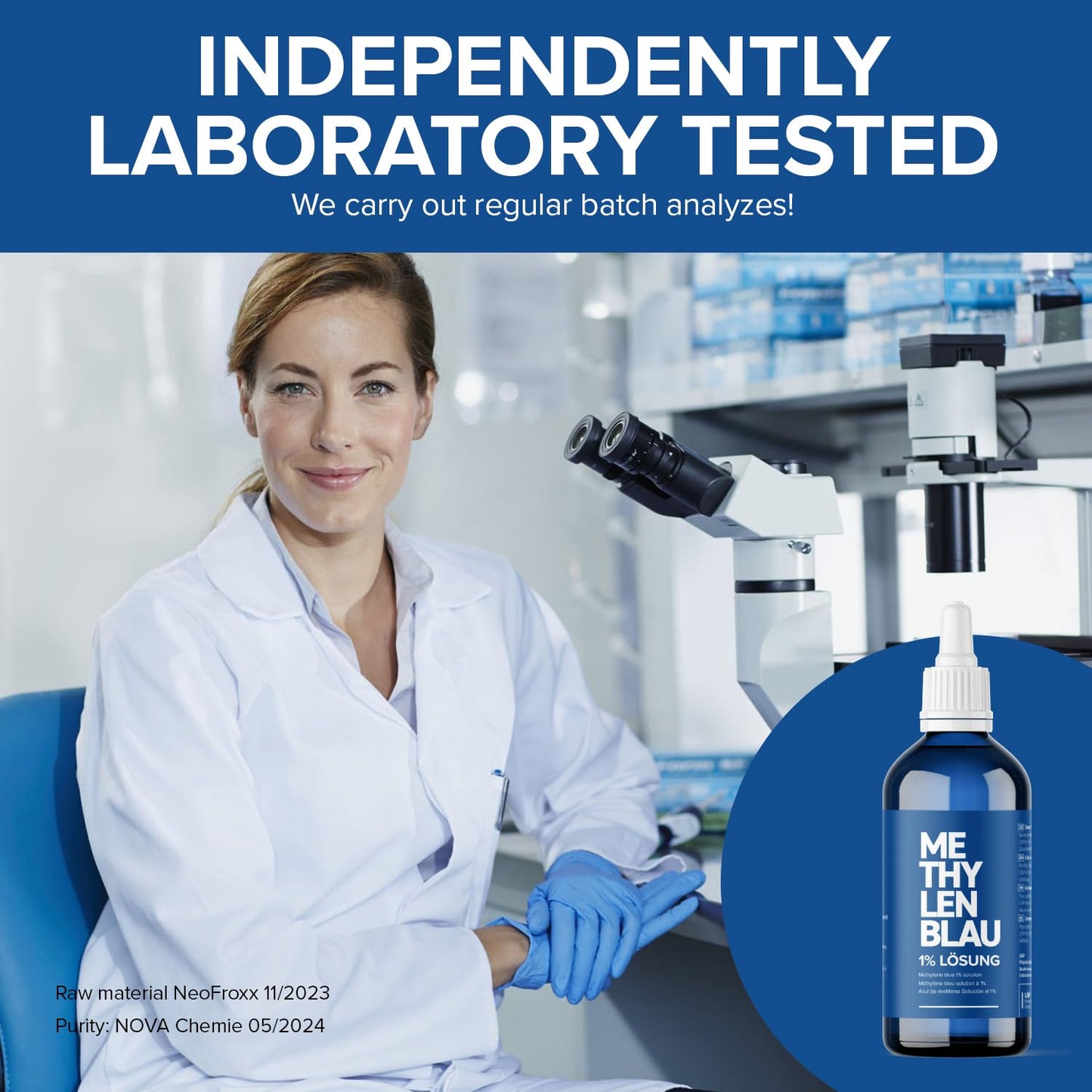 Soluzione di Blu di Metilene 1% USP Qualità Farmaceutica, 100 ml, senza Metalli Pesanti, Qualità Testata in Laboratorio - Prodotto in Germania da JUNALI