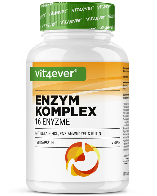 Enzimi Digestivi - 180 Capsule con 16 Enzimi più Betaina HCL, Rutina e radice di Genziana - Con Bromelina, Papaina, Amilasi, Lipasi, Proteasi, Lattasi - Vegano - Altamente Dosato