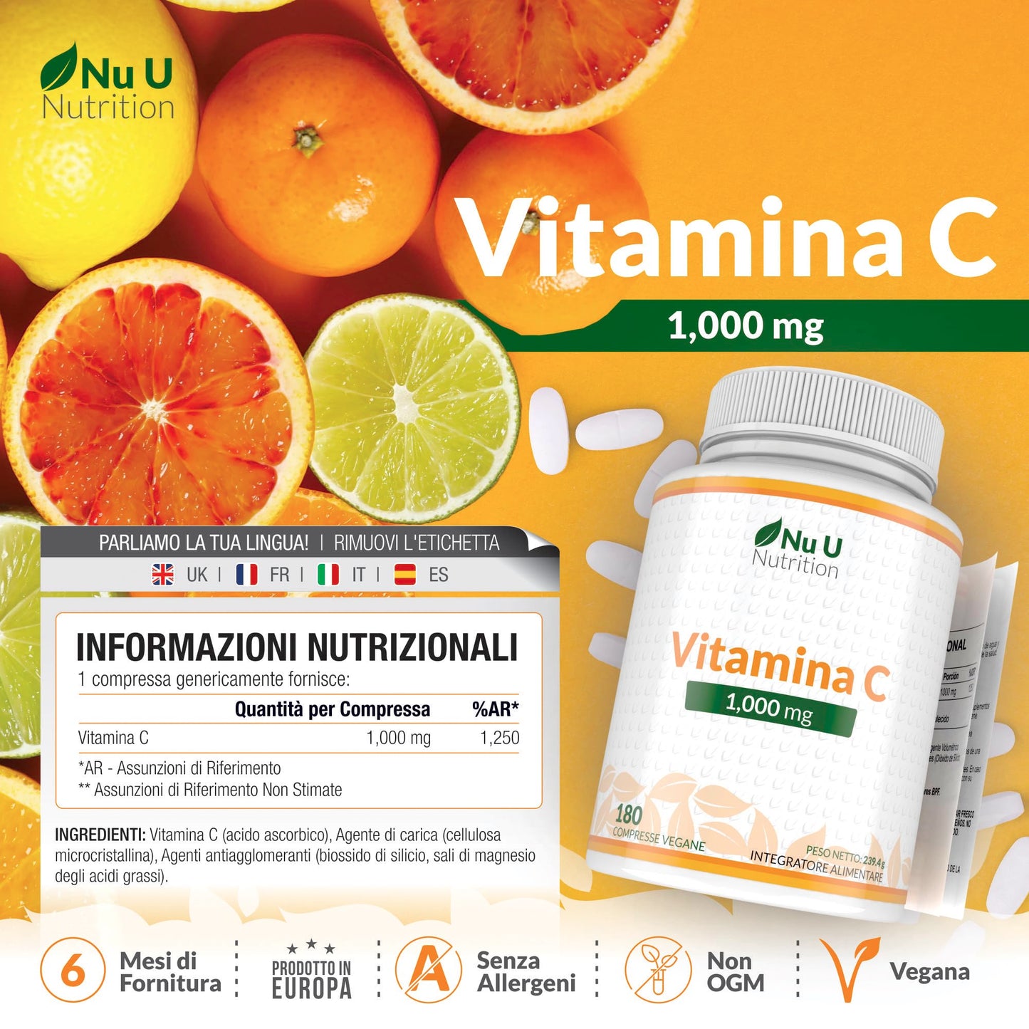 Vitamina C 1000mg Pura Alto Dosaggio - 180 Compresse Vegane - 6 Mesi di Fornitura - Acido Ascorbico - Senza GMO - Integratori alimentari di Nu U Nutrition