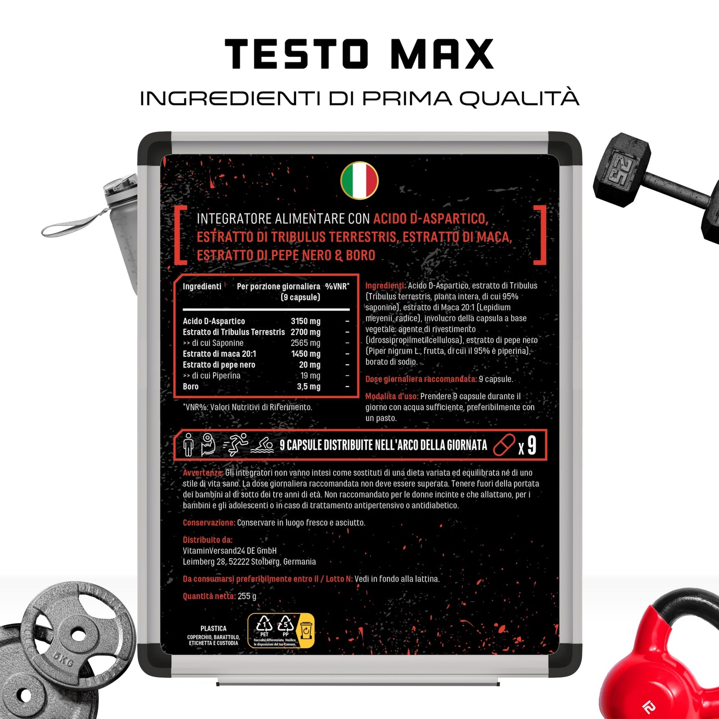 Testo MAX - 270 capsule - Extra forte: altamente dosato con 7320 mg per dose giornaliera - Con aminoacidi + estratti vegetali - Tribulus + estratto di Maca + boro + acido D-Aspartico - Vegan