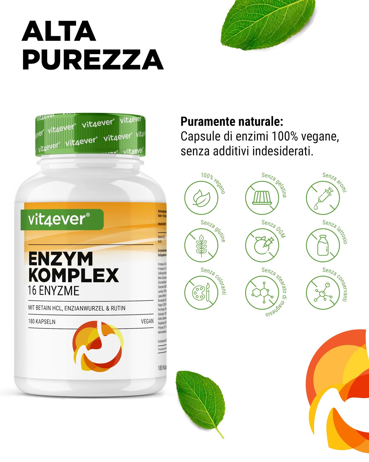 Enzimi Digestivi - 180 Capsule con 16 Enzimi più Betaina HCL, Rutina e radice di Genziana - Con Bromelina, Papaina, Amilasi, Lipasi, Proteasi, Lattasi - Vegano - Altamente Dosato