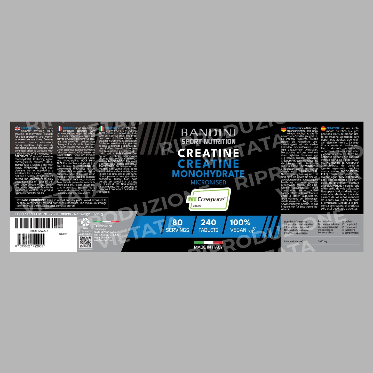 Bandini® Creatina CREAPURE® Monoidrata 240 Compresse - Integratore per Allenamento, Sport, Palestra e Pre Workout - 100% Vegan - A base di Creatine Monoidrato per ATP e recupero