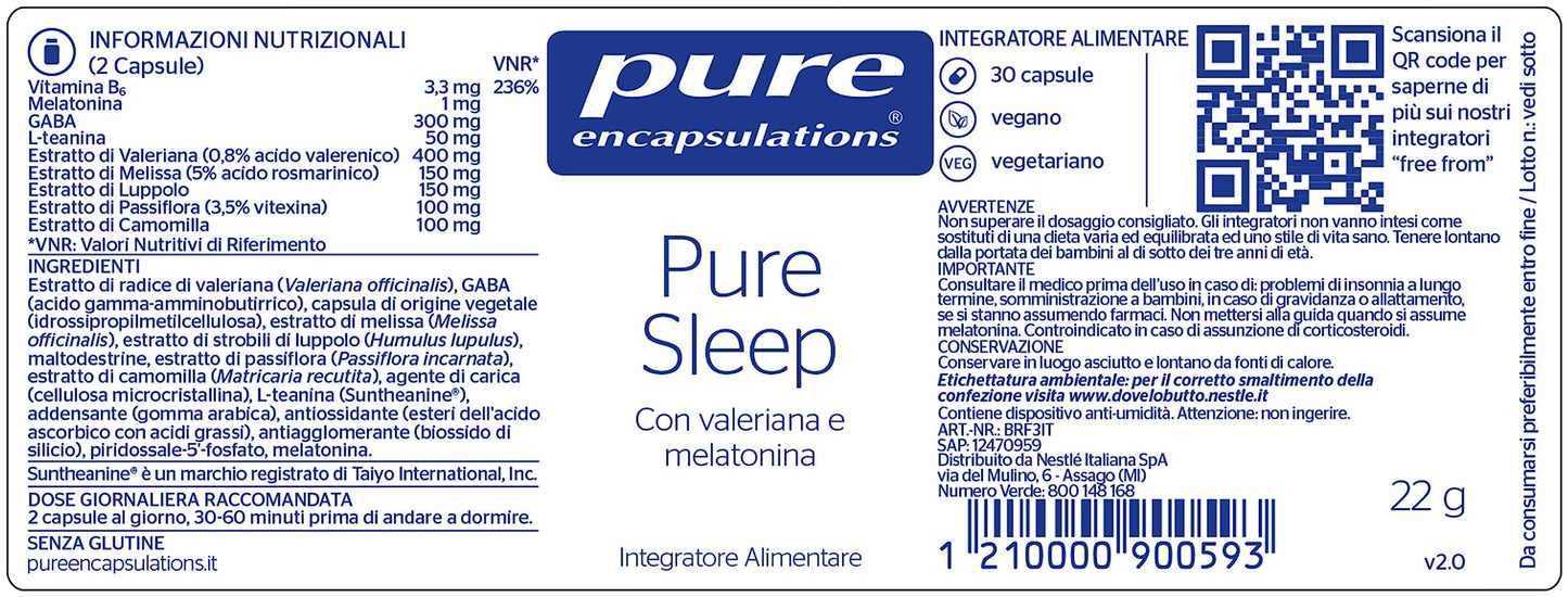 Pure Encapsulations - Pure Sleep - Integratore per il Sonno e il Rilassamento Mentale - Con Melatonina, Valeriana, Teanina Sunthenine e Camomilla con GABA ed Estratti Vegetali - 30 Capsule