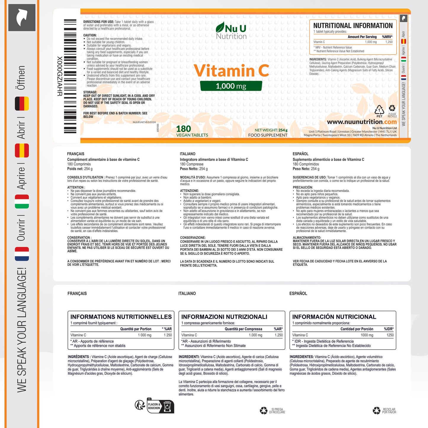 Vitamina C 1000mg Pura Alto Dosaggio - 180 Compresse Vegane - 6 Mesi di Fornitura - Acido Ascorbico - Senza GMO - Integratori alimentari di Nu U Nutrition