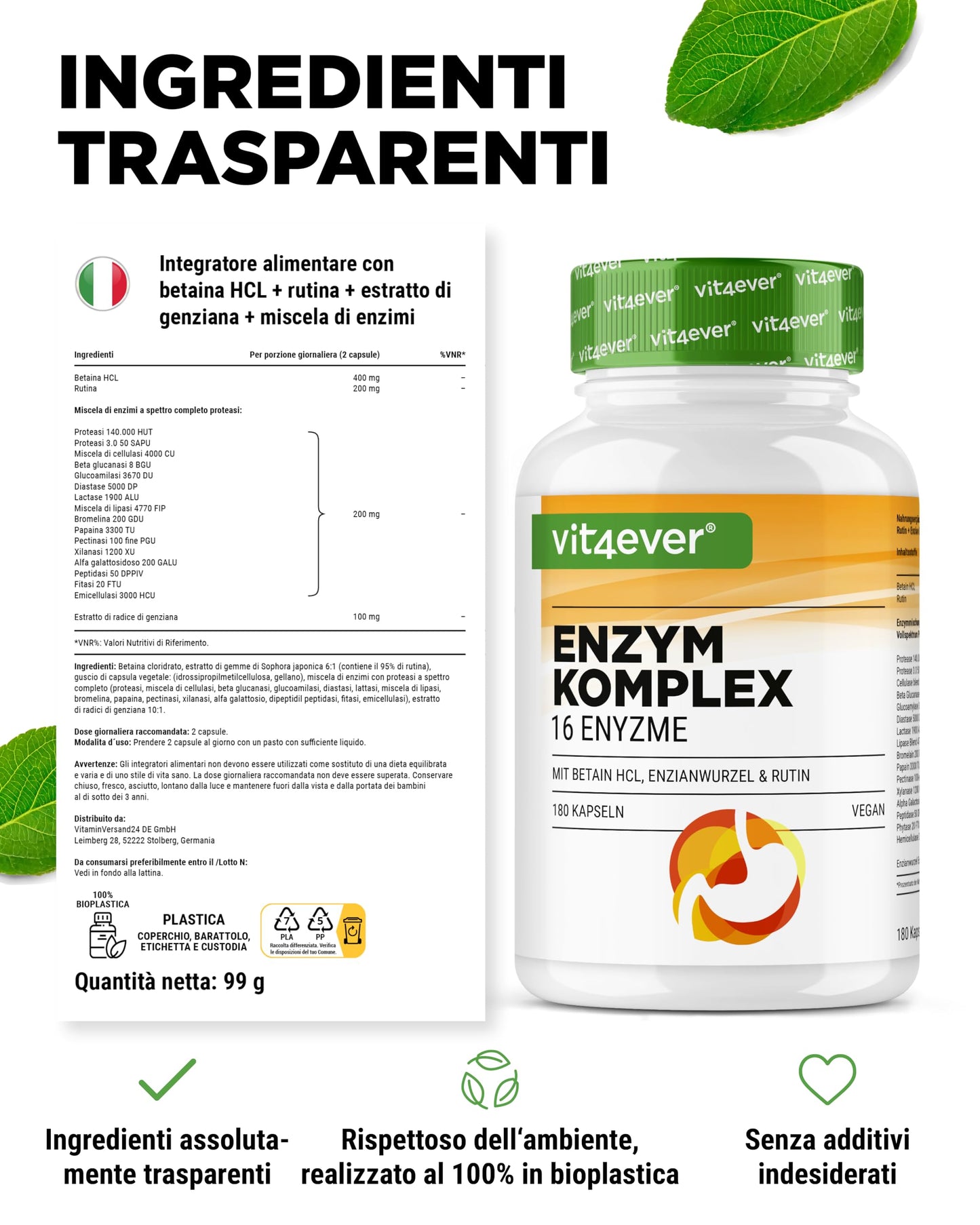 Enzimi Digestivi - 180 Capsule con 16 Enzimi più Betaina HCL, Rutina e radice di Genziana - Con Bromelina, Papaina, Amilasi, Lipasi, Proteasi, Lattasi - Vegano - Altamente Dosato