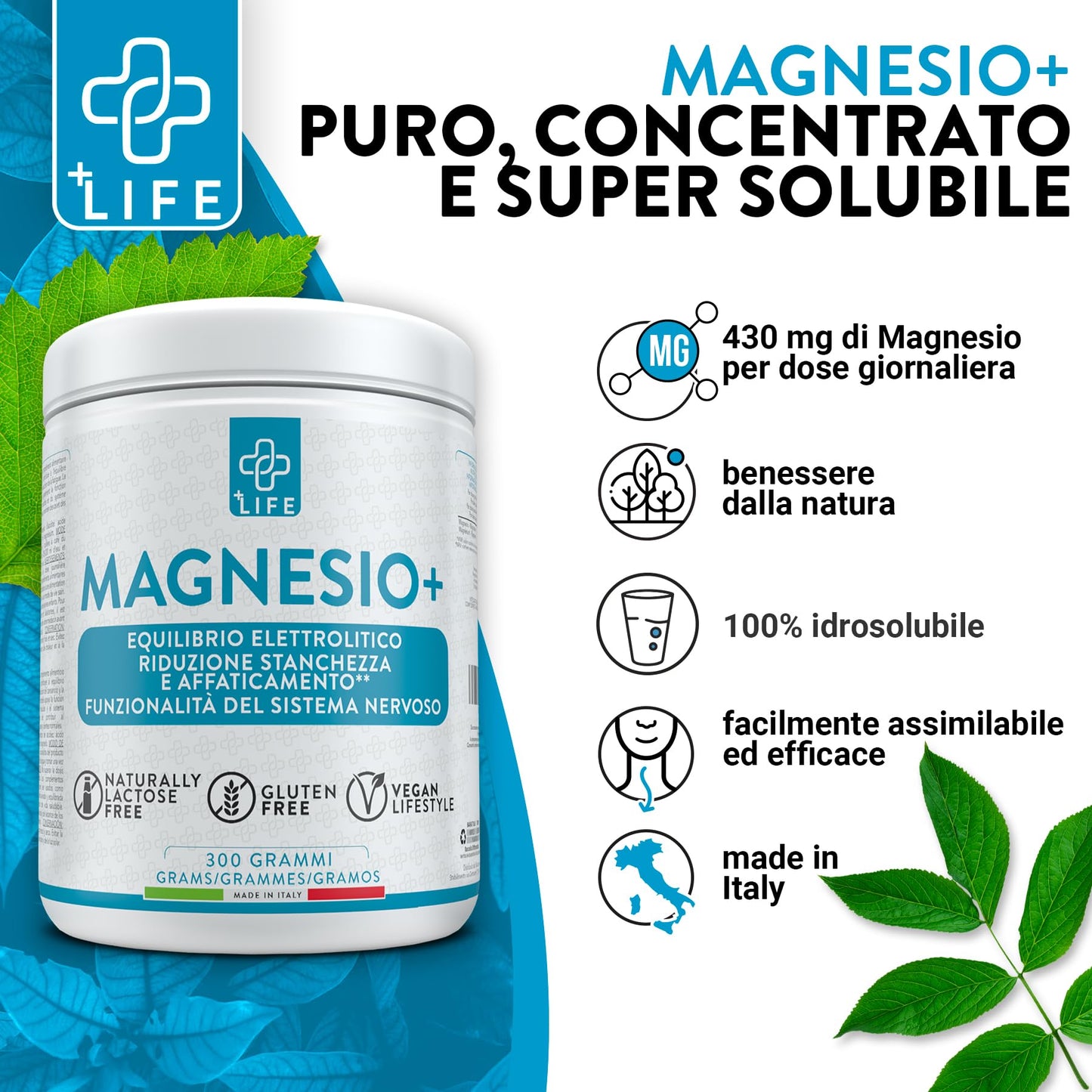 Magnesio In Polvere Piulife® 430mg Magnesio Puro Per Dose, Magnesio Carbonato Fonte di Magnesio Citrato, Integratore Magnesio Completo, Benessere Intestinale Per Stitichezza, Ansia E Stress, Muscoli