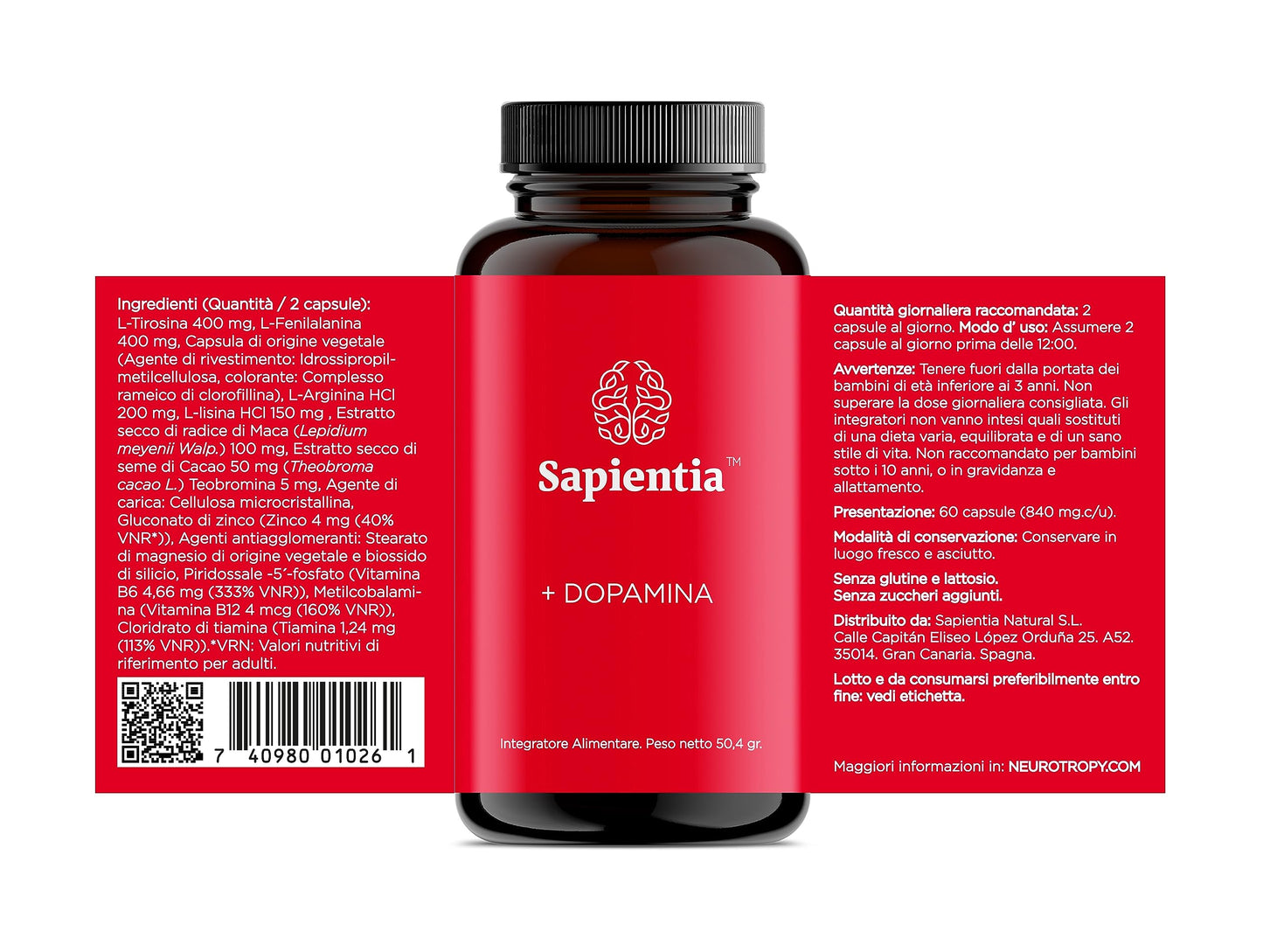 Sapientia +Dopamina - Nootropico Naturale Motivazione ed Energia Vitale L-Arginina L-Fenilalalina L-Lisina L-Tirosina Maca Cacao