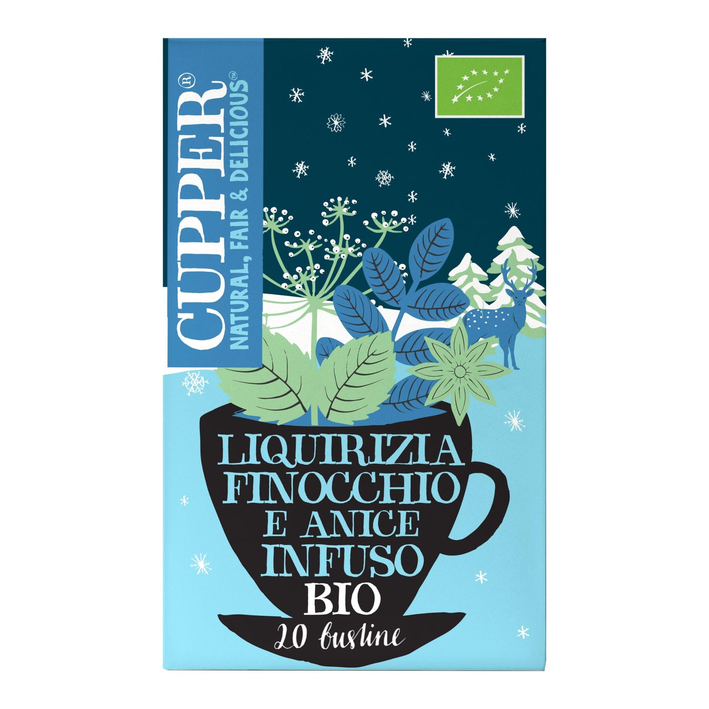 CUPPER Infuso Biologico Winter Liquorice Sweets, Tisana con Liquirizia, Menta Piperita e Anice Stellato, Tisane Natalizie, Filtri 100% Biodegradabili, Confezione da 20 Bustine