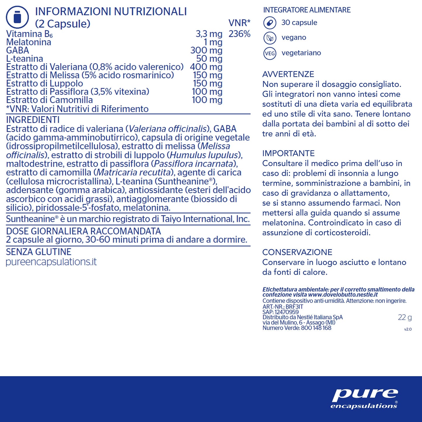 Pure Encapsulations - Pure Sleep - Integratore per il Sonno e il Rilassamento Mentale - Con Melatonina, Valeriana, Teanina Sunthenine e Camomilla con GABA ed Estratti Vegetali - 30 Capsule