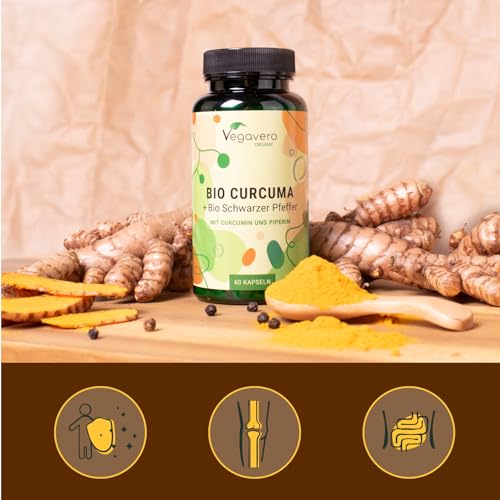 Curcuma e Piperina Plus | 14620 mg di curcuma in polvere (7:1 – 60:1) | con Piperina | Salute Articolazioni e Fegato | Antinfiammatorio e antiossidante | No OGM | Vegan | Vegavero®