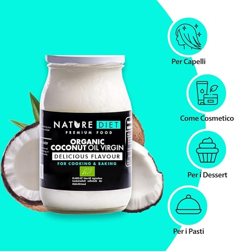 Nature Diet - Olio Vergine di Cocco Biologico 900 ml | Spremuto a freddo | Non raffinato | Vegano | Barattolo di vetro