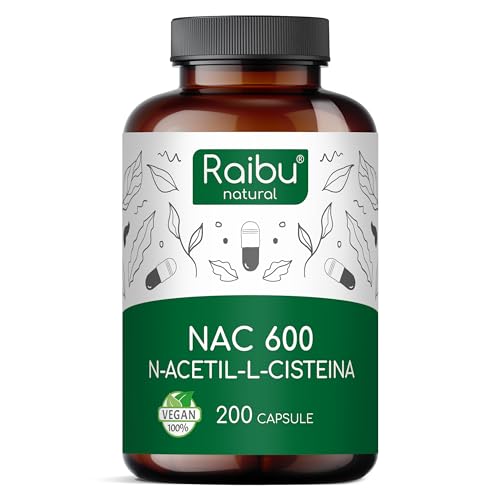 NAC N-Acetil-Cisteina 600mg - 200 capsule - 100% NATURALE - Vegano e senza additivi - Altamente dosato - Qualità Premium - Prodotte da Raibu