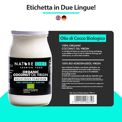 Nature Diet - Olio Vergine di Cocco Biologico 900 ml | Spremuto a freddo | Non raffinato | Vegano | Barattolo di vetro