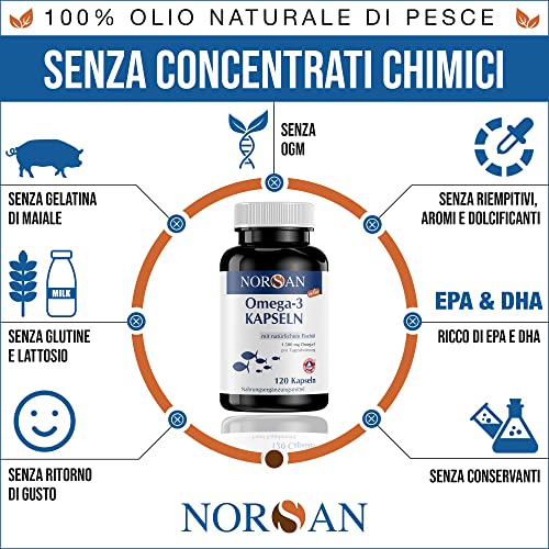 NORSAN Omega 3 Capsule 120 pezzi / 1.500 mg per porzione con 707 mg di EPA e 368 mg di DHA/omega tre da coltivazione sostenibile