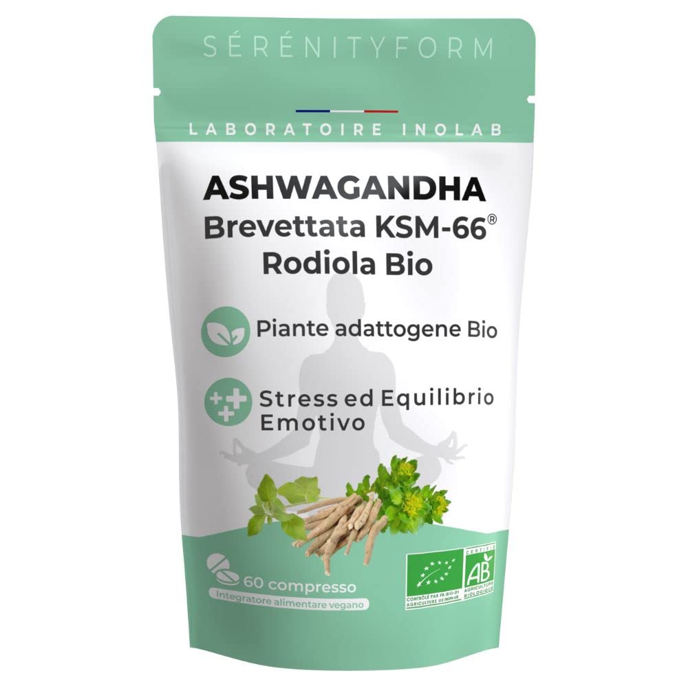 2 Piante adattogene | Ashwagandha Bio KSM-66®, Rodiola rosea Bio | Antistress - sonno - equilibrio emozionale - apprendimento I INOLAB Laboratorio Serenityform