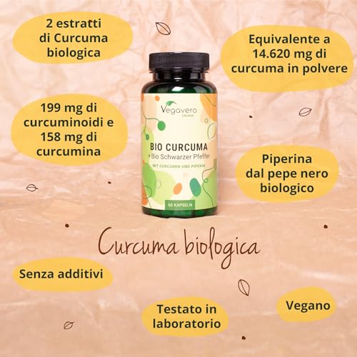 Curcuma e Piperina Plus | 14620 mg di curcuma in polvere (7:1 – 60:1) | con Piperina | Salute Articolazioni e Fegato | Antinfiammatorio e antiossidante | No OGM | Vegan | Vegavero®