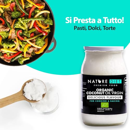 Nature Diet - Olio Vergine di Cocco Biologico 900 ml | Spremuto a freddo | Non raffinato | Vegano | Barattolo di vetro