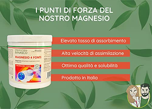 ERBORISTERIA BINASCO Magnesio Completo di 4 Fonti, Pidolato, Citrato, Carbonato, per Donna e Uomo - 100% Natural e Made in Italy Formato Supremo Polvere 400gr