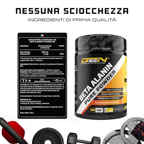 Beta Alanina - 500 g di polvere pura senza additivi - +99% di purezza - 100% aminoacido Beta Alanina - Vegan - German Elite Nutrition