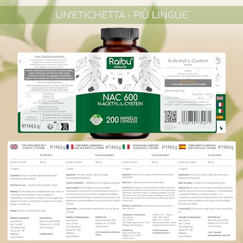 NAC N-Acetil-Cisteina 600mg - 200 capsule - 100% NATURALE - Vegano e senza additivi - Altamente dosato - Qualità Premium - Prodotte da Raibu