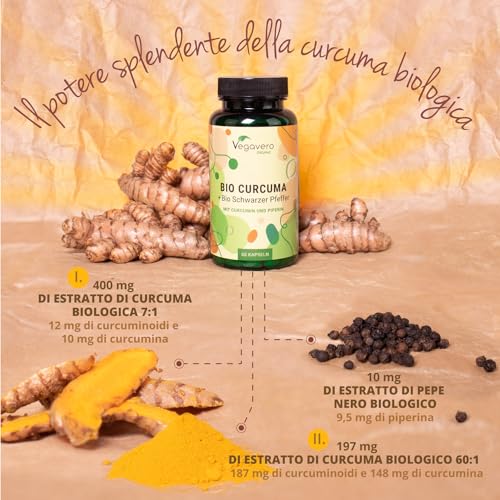 Curcuma e Piperina Plus | 14620 mg di curcuma in polvere (7:1 – 60:1) | con Piperina | Salute Articolazioni e Fegato | Antinfiammatorio e antiossidante | No OGM | Vegan | Vegavero®