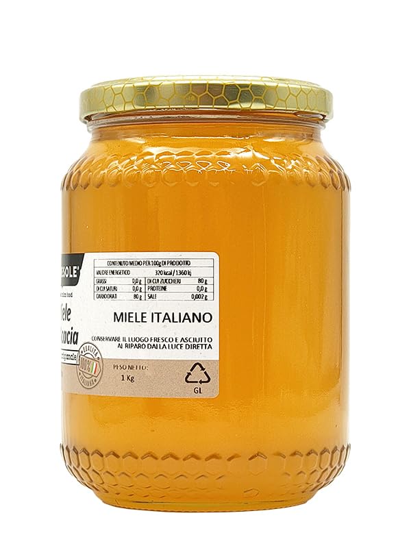 Oltresole - Miele di Acacia 1 Kg - miele artigianale da apicoltura italiana, miele di acacia pura non pastorizzato, senza additivi o conservanti aggiunti, lenta cristallizzazione