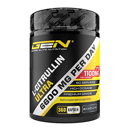 GEN GERMAN ELITE NUTRITION L-Citrullina 360 capsule - Dosaggio extra-elevato con 1100 mg per capsula - 6600 mg per dose - DL-Malato 2:1 da fermentazione vegetale - Senza additivi indesiderati