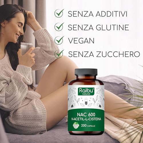 NAC N-Acetil-Cisteina 600mg - 200 capsule - 100% NATURALE - Vegano e senza additivi - Altamente dosato - Qualità Premium - Prodotte da Raibu