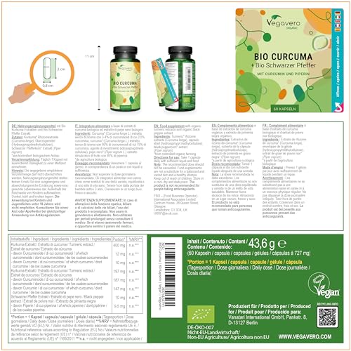 Curcuma e Piperina Plus | 14620 mg di curcuma in polvere (7:1 – 60:1) | con Piperina | Salute Articolazioni e Fegato | Antinfiammatorio e antiossidante | No OGM | Vegan | Vegavero®