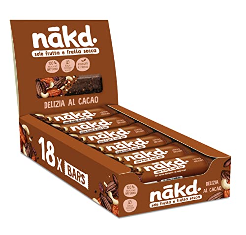 Nākd. Delizia al Cacao | Barrette Crude con Frutta e Frutta Secca | Ingredienti 100% Naturali | Senza Zuccheri Aggiunti | Vegan | Senza Aromi Aggiunti | 18 x 35g | 630g