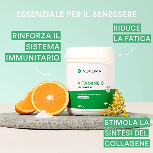 NOVOMA Vitamina C Polvere Pura 500 g, 1000mg Vitamina C per dose, Acido Ascorbico Puro in Polvere Ultra Fine, Sistema Immunitario e Stanchezza, Cucchiaio di Misurazione Incluso (ex Nutrivita)