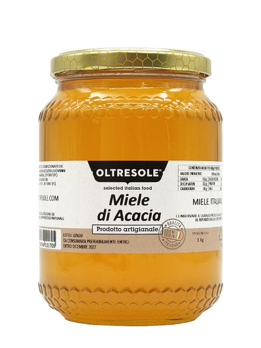 Oltresole - Miele di Acacia 1 Kg - miele artigianale da apicoltura italiana, miele di acacia pura non pastorizzato, senza additivi o conservanti aggiunti, lenta cristallizzazione