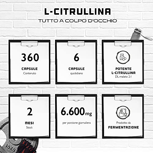 GEN GERMAN ELITE NUTRITION L-Citrullina 360 capsule - Dosaggio extra-elevato con 1100 mg per capsula - 6600 mg per dose - DL-Malato 2:1 da fermentazione vegetale - Senza additivi indesiderati