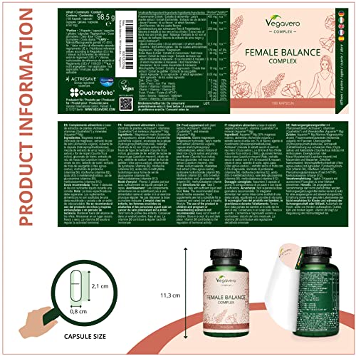 FEMALE BALANCE | 180 capsule | per Squilibrio Ormonale con Agnocasto, Maca, Magnesio, Acido Folico, Vitamine e Minerali | Amenorrea e PMS | Vegan e Senza Additivi | Vegavero®