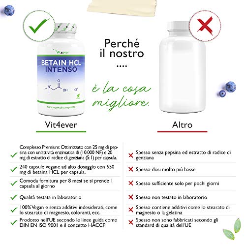 Betaine HCL - 240 capsule da 695 mg - Premium: Con pepsina e genziana amara - Enzimi digestivi a spettro completo - Dose elevata