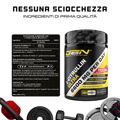 GEN GERMAN ELITE NUTRITION L-Citrullina 360 capsule - Dosaggio extra-elevato con 1100 mg per capsula - 6600 mg per dose - DL-Malato 2:1 da fermentazione vegetale - Senza additivi indesiderati