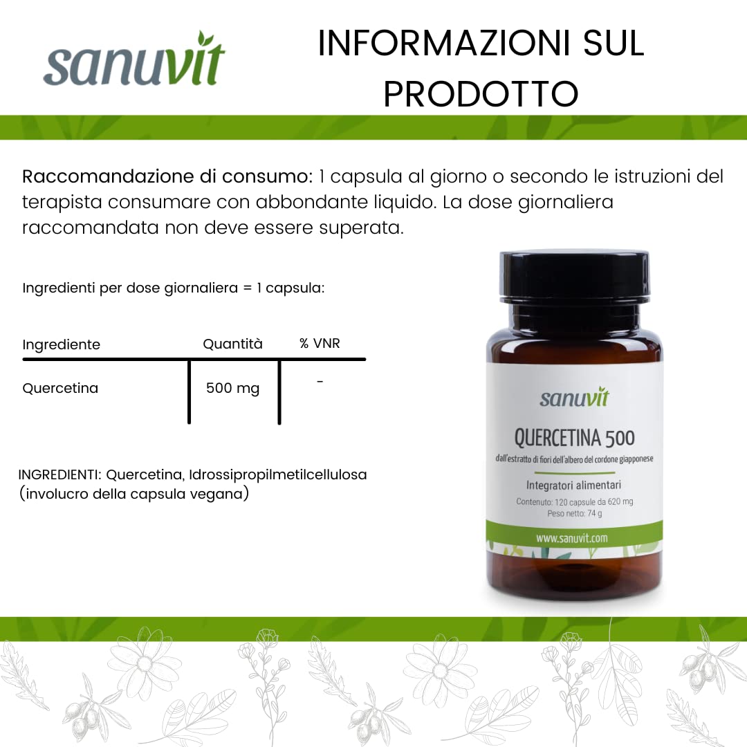 Sanuvit® - Quercetina 500 mg capsule | 120 capsule | Dose alta | Elevata biodisponibilità e tolleranza | Vegano