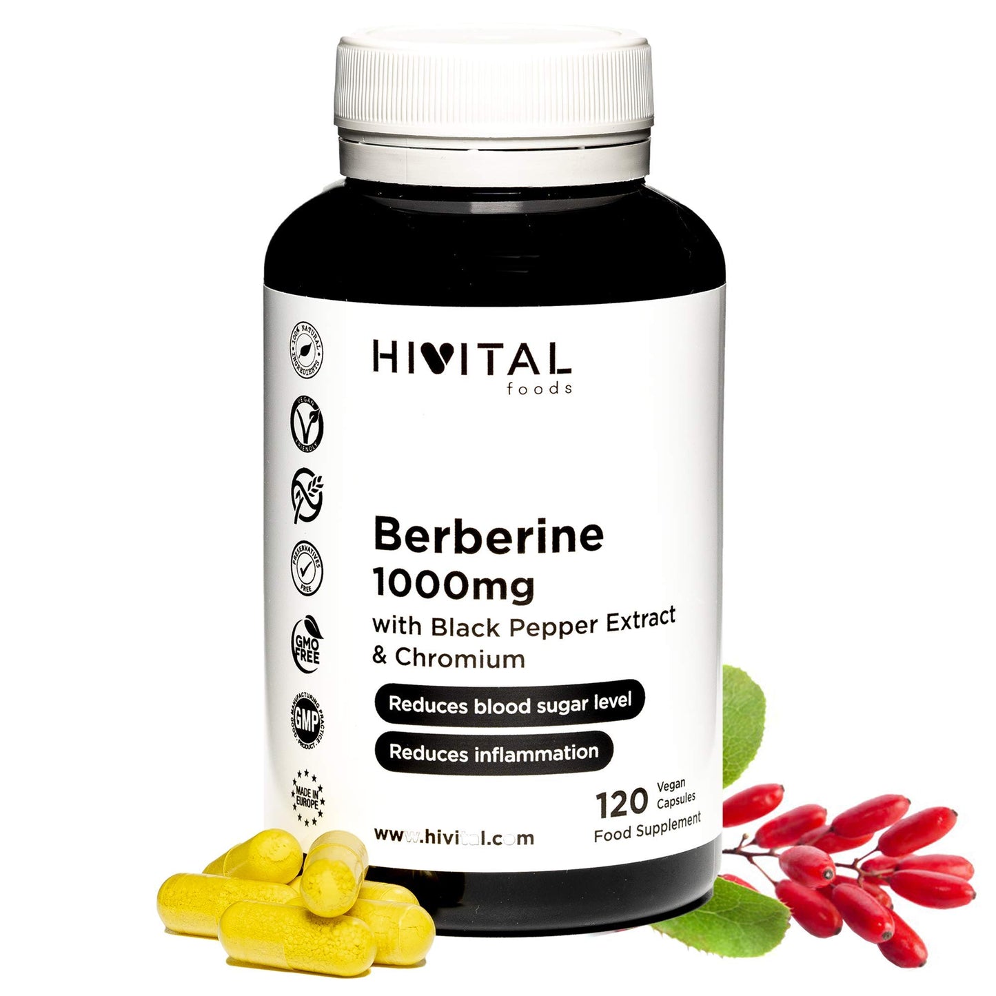 Berberina 1000 mg. 120 capsule vegane. Con Cromo e Pepe Nero per un migliore assorbimento. Il miglior estratto concentrato di Berberis Vulgaris.