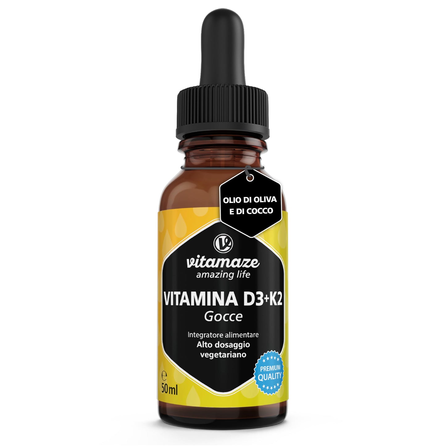 Vitamina D3 + K2 Gocce, 1000 UI ad Alta Dose, Vegetariano & Liquido (99,7+% All-Trans MK-7), 50 ml (1700 Gocce), Elevata Biodisponibilità, Nessun Additivo Inutile