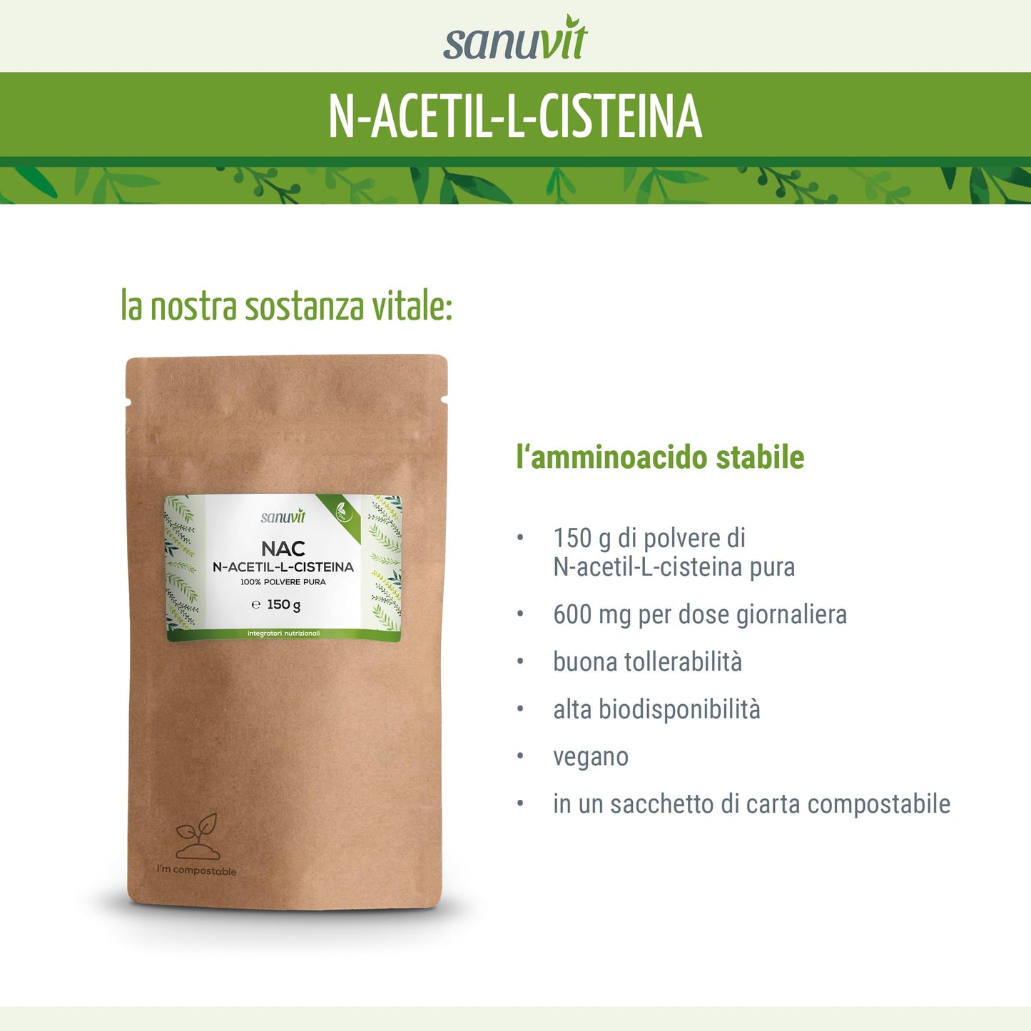 Sanuvit® - NAC in polvere | 150g per sacchetto | Fornitura per 6 mesi | N-acetil-L-cisteina | Elevata biodisponibilità e tolleranza | Vegano