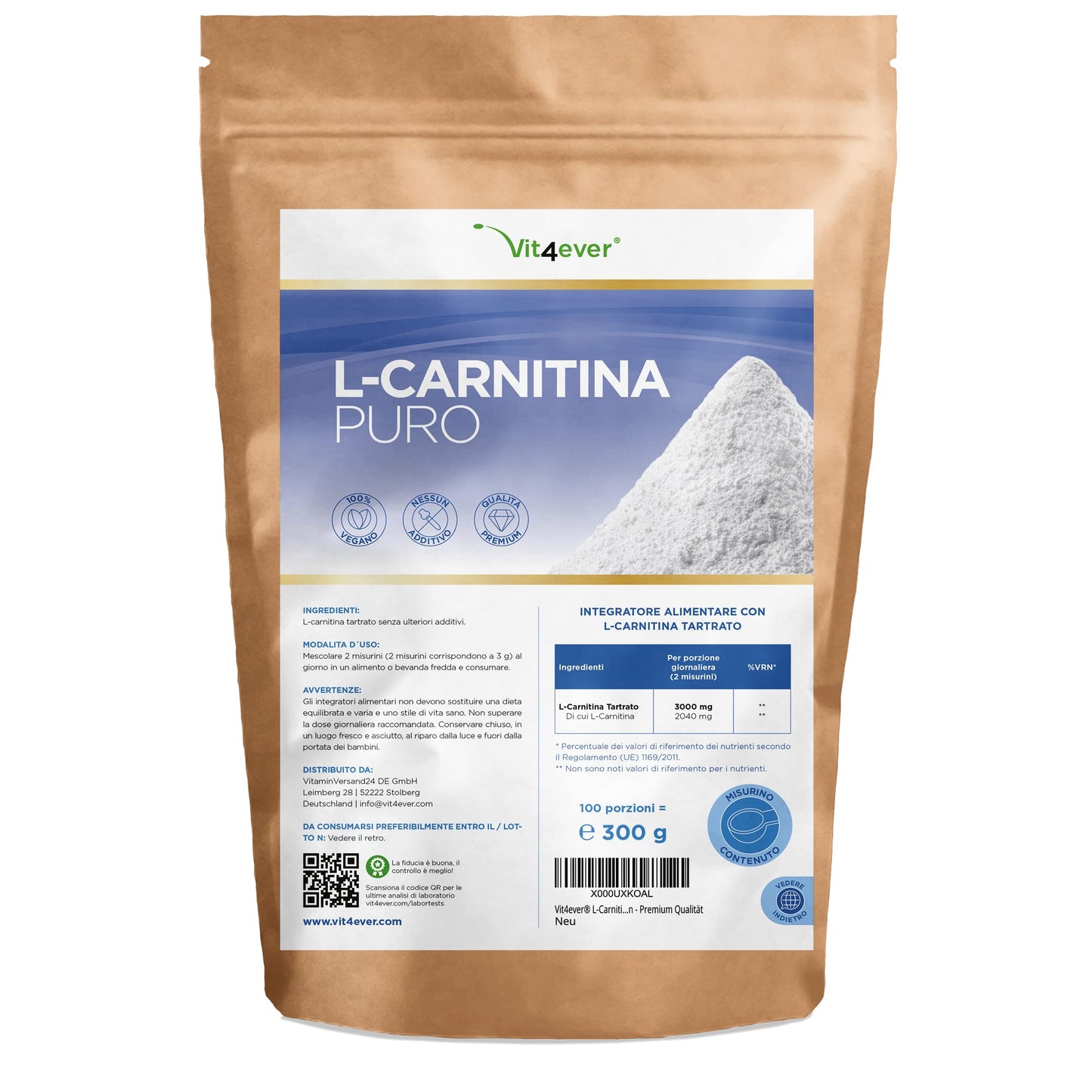 L-Carnitine Pure - 300 g di polvere pura senza additivi - 100% L-Carnitina Tartrato - 100 porzioni con 3000 mg di Carnitina in polvere - Vegan - Alto dosaggio