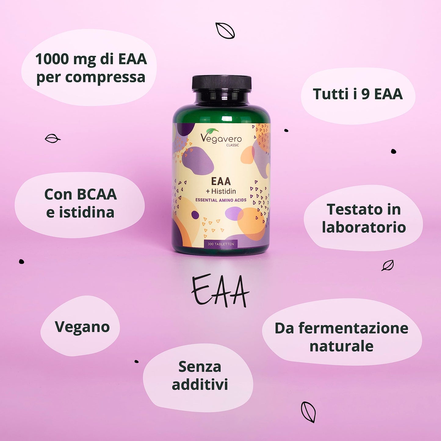 EAA Aminoacidi Essenziali | NATURALI da Fermentazione e SENZA ADDITIVI | 8 EAA con Aminoacidi Ramificati BCAA 2.1.1 | 300 compresse | VEGAN | Vegavero®