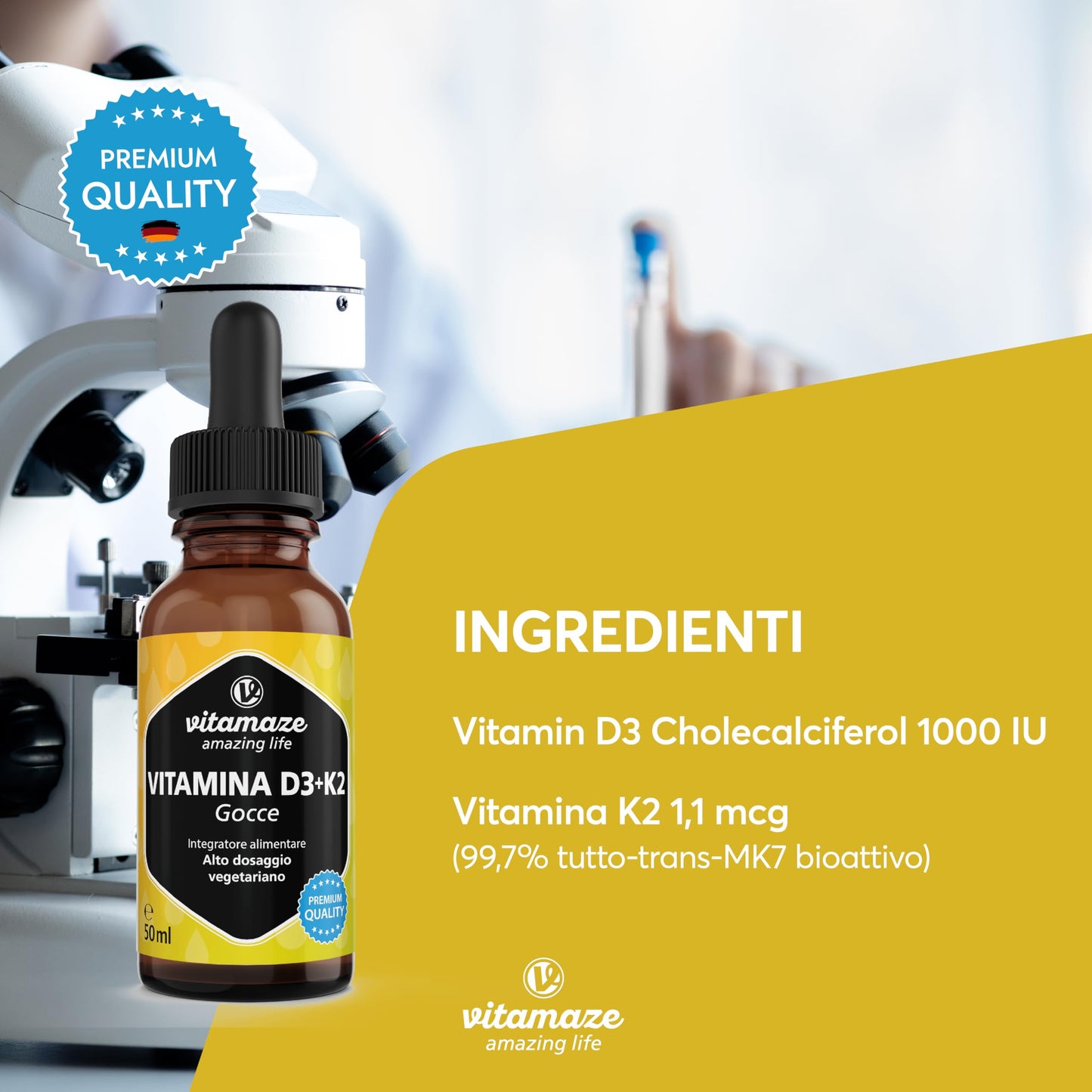 Vitamina D3 + K2 Gocce, 1000 UI ad Alta Dose, Vegetariano & Liquido (99,7+% All-Trans MK-7), 50 ml (1700 Gocce), Elevata Biodisponibilità, Nessun Additivo Inutile