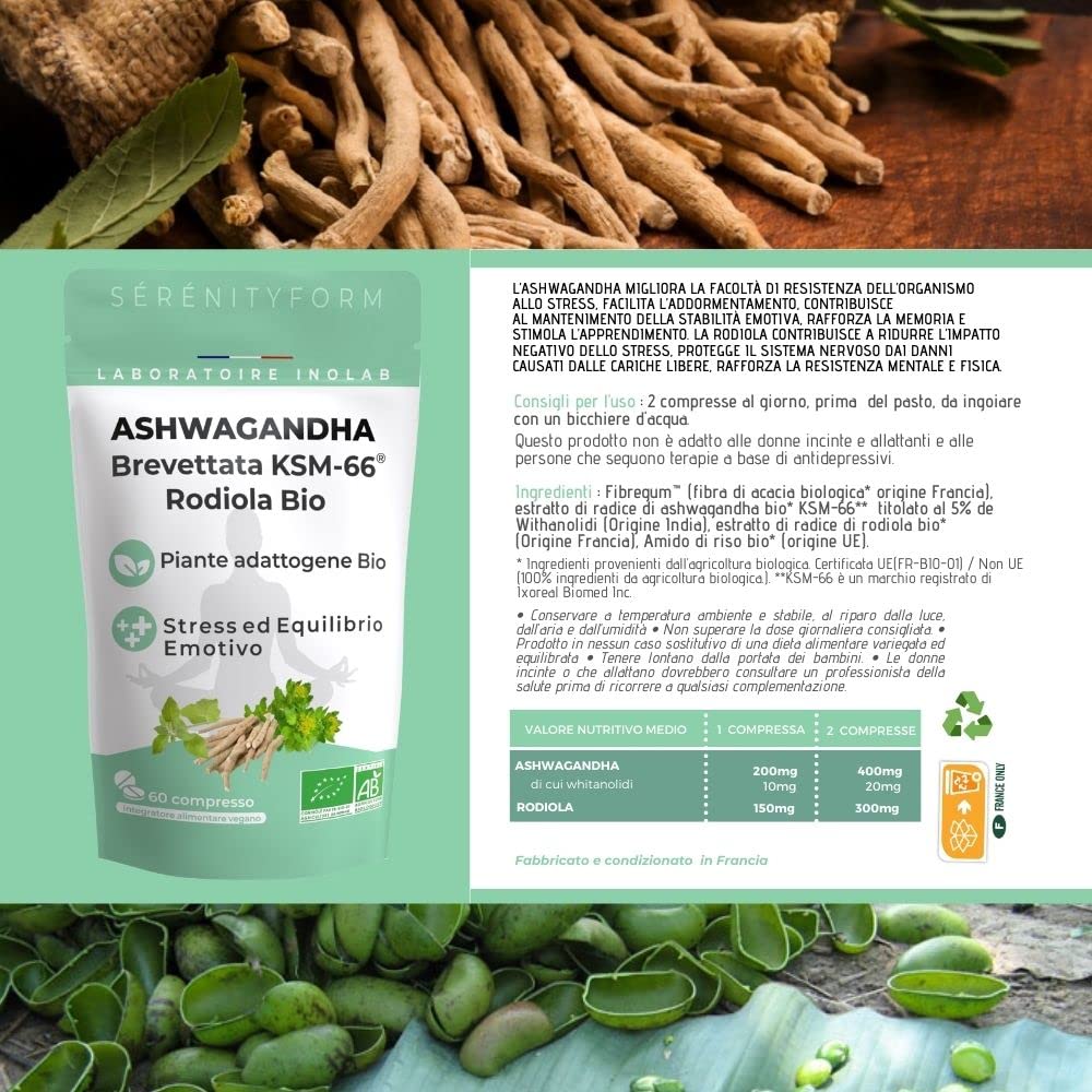 2 Piante adattogene | Ashwagandha Bio KSM-66®, Rodiola rosea Bio | Antistress - sonno - equilibrio emozionale - apprendimento I INOLAB Laboratorio Serenityform