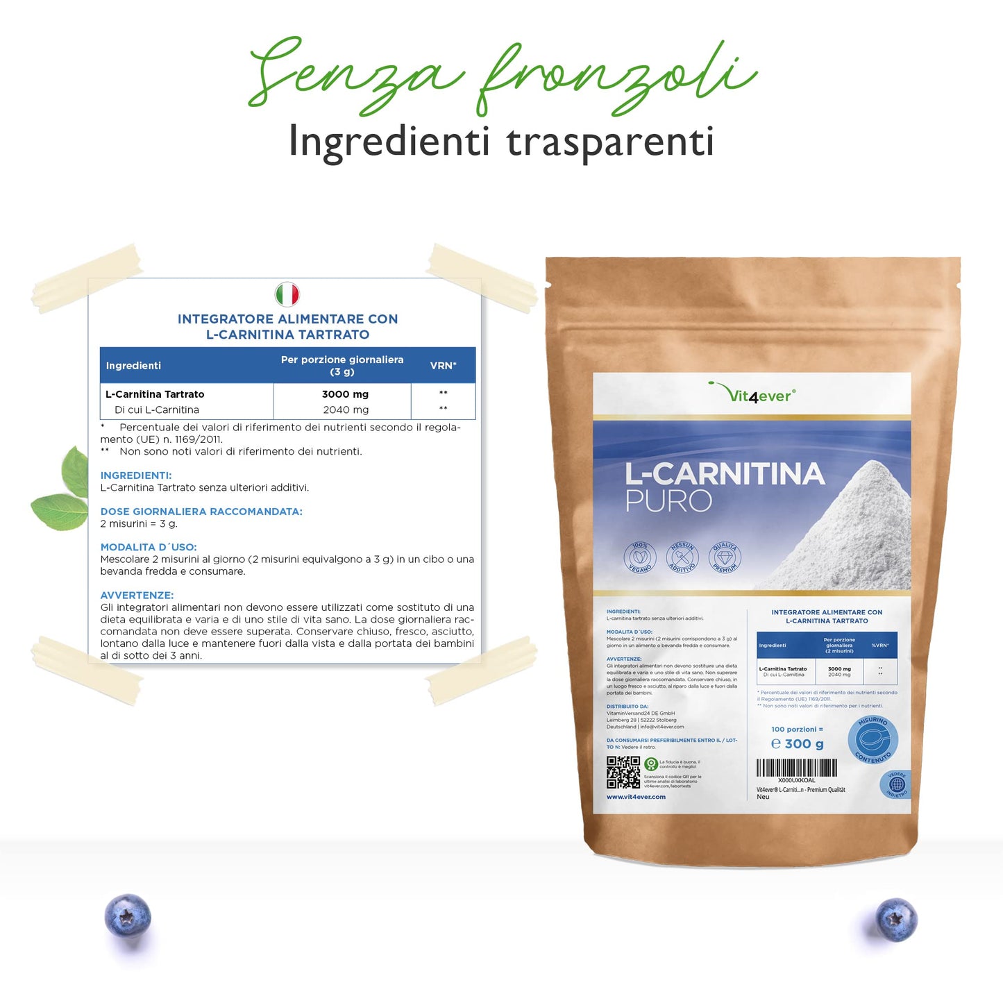 L-Carnitine Pure - 300 g di polvere pura senza additivi - 100% L-Carnitina Tartrato - 100 porzioni con 3000 mg di Carnitina in polvere - Vegan - Alto dosaggio