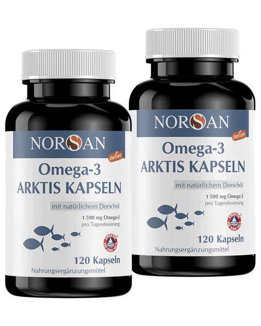 Norsan Omega 3 Capsule Arktis 2x 120 pezzi / 1.500 mg di omega-3 IFOS per dose giornaliera/capsule di omega 3 con 480 mg di EPA e 720 mg di DHA/omega tre capsule senza ritorno di gusto