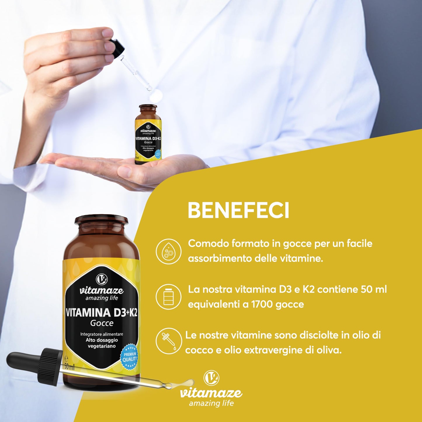 Vitamina D3 + K2 Gocce, 1000 UI ad Alta Dose, Vegetariano & Liquido (99,7+% All-Trans MK-7), 50 ml (1700 Gocce), Elevata Biodisponibilità, Nessun Additivo Inutile