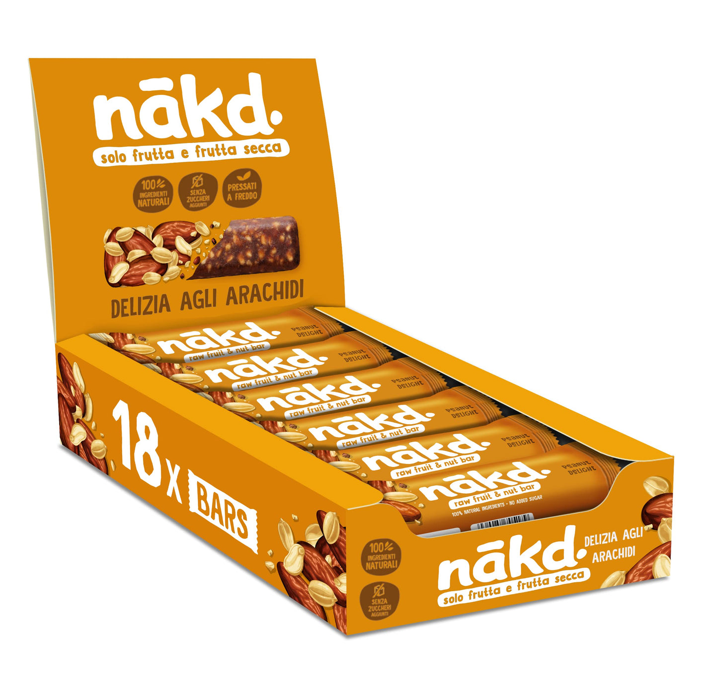 Nākd. Delizia agli Arachidi | Barrette Crude con Frutta e Frutta Secca | Ingredienti 100% Naturali | Senza Zuccheri e Aromi Aggiunti | Vegan | 18 x 35g | 630g