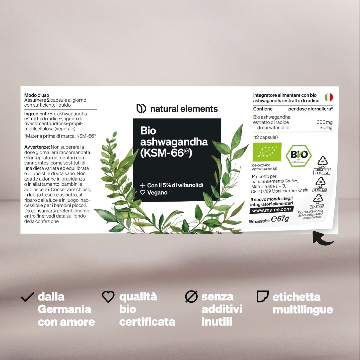 Bio Ashwagandha KSM-66 – Alto Dosaggio – 180 Capsule – Ashwagandha Bio Certificata – Capsule di Ashwagandha Polvere Estratta dalla Withania Somnifera