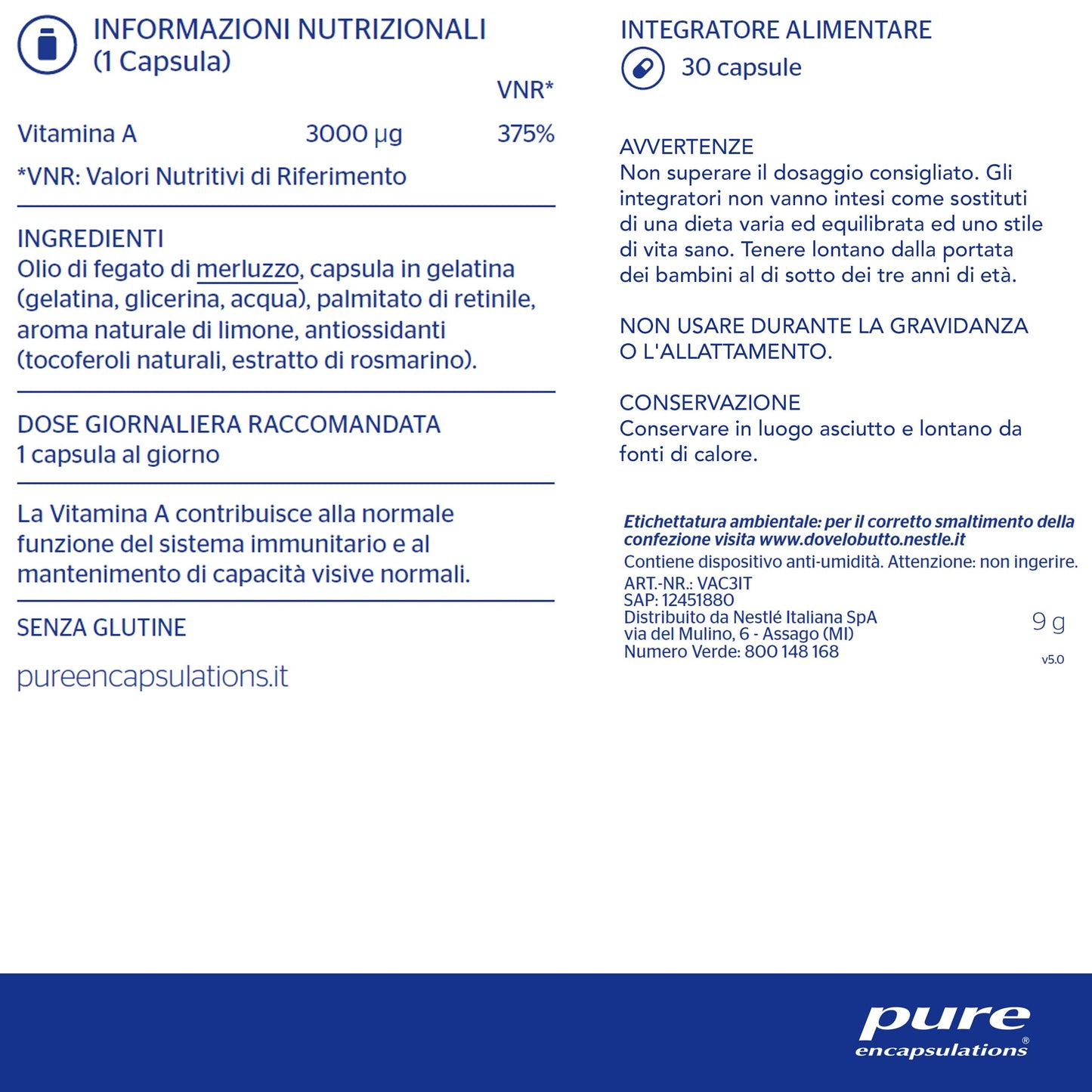 Pure Encapsulations - Vitamina A 10.000 IU - Supporto alla Vista, Funzioni Cognitive e Salute della Pelle - 30 Capsule Softgel